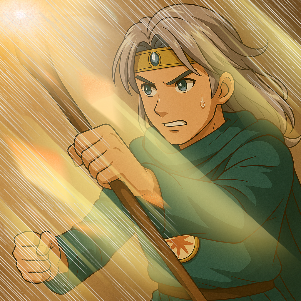 銀髪の賢者クロードが杖を突き出して構え、鋭い眼差しで敵を睨む。青い宝石のサークレットが光り、額には冷や汗が浮かんでいる緊迫の場面