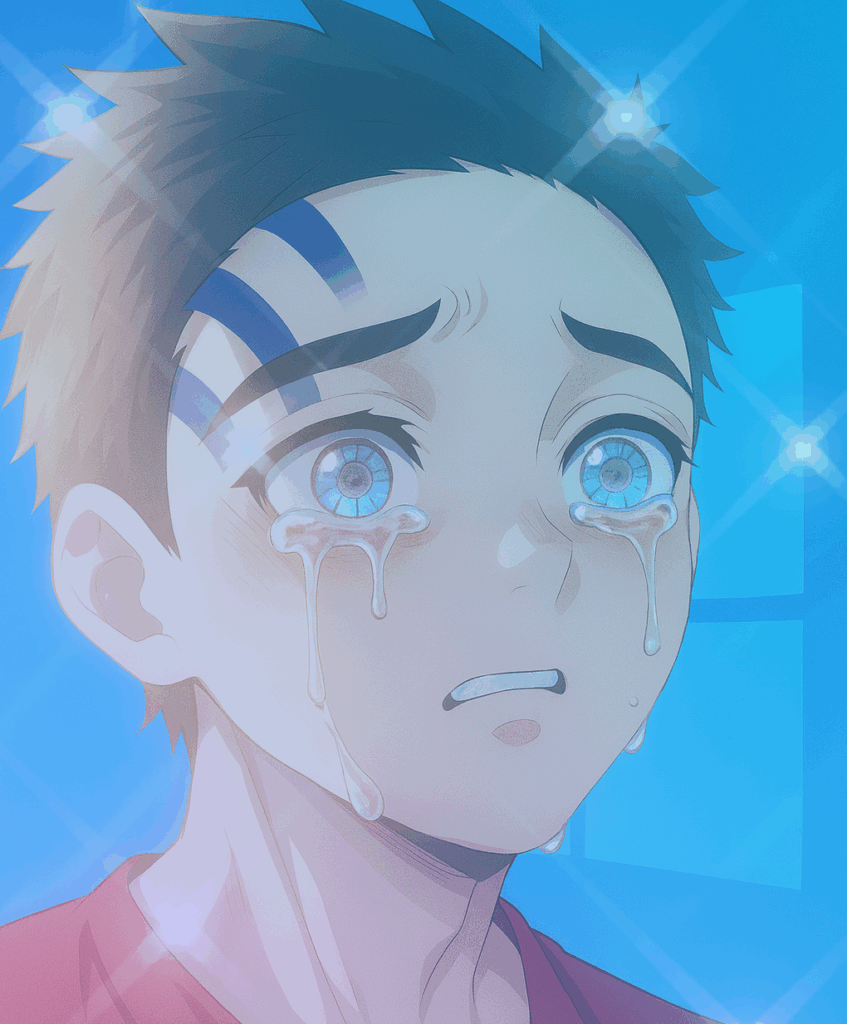 少年が涙を流しながら見上げている。背景はWindowsのイメージカラーである鮮やかな青と光が広がり、赤い服を着ている。
