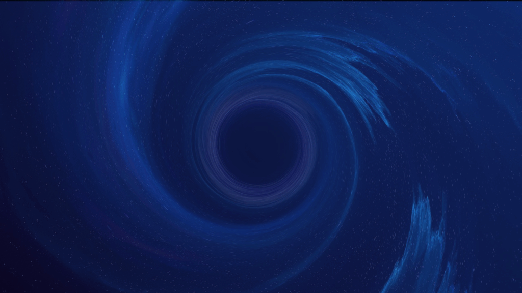 宇宙空間に広がる黒い穴を中心に、青い光の渦が渦巻いて吸い込まれていくブラックホールのイメージ