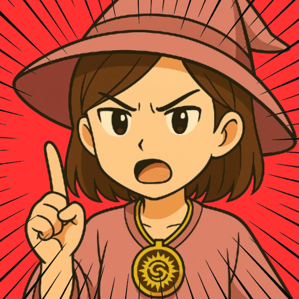 ピンク色の魔法使いの帽子とローブを着た少女が、胸から上のアップで人差し指を突き立て、毅然とした表情で説教している様子。首には太陽の模様が刻まれた金色のペンダントを下げている。