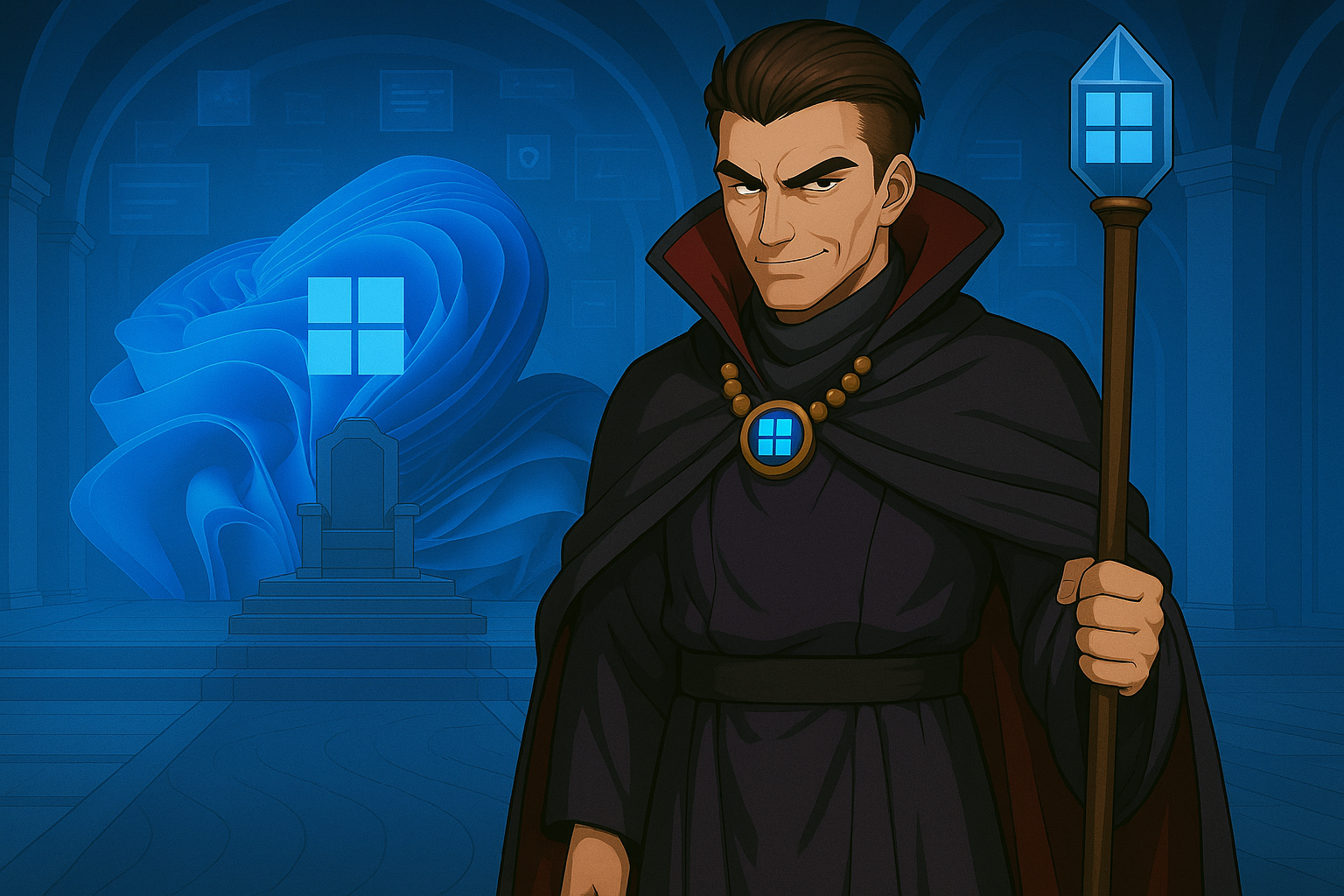 青いWindowsの玉座を背に、不敵な笑みを浮かべるWin11竜王が杖を構えて立っている。暗く荘厳な城内には、UI風の浮遊スクリーンが漂っている。