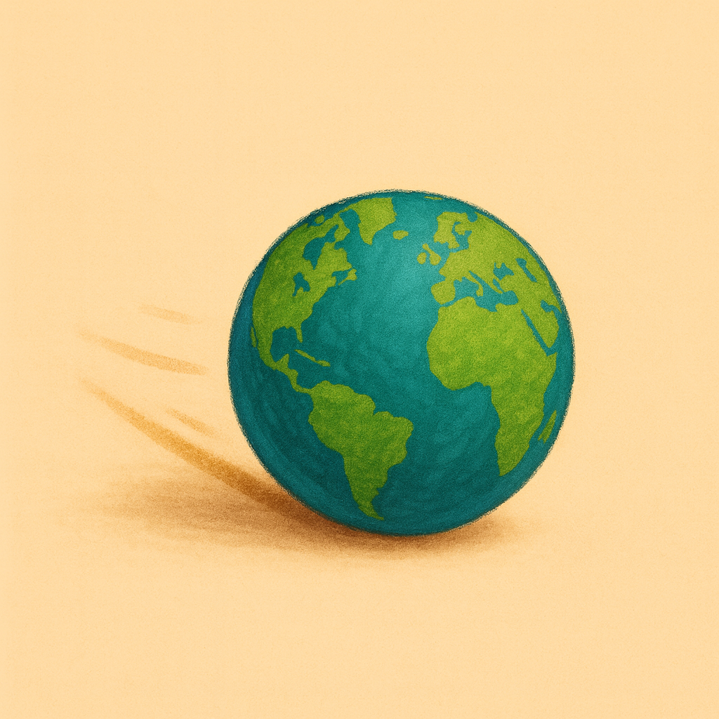 温かみのあるベージュ背景の上で、青い海と緑の大陸が描かれた地球のボールが右方向へコロコロと転がっている様子。