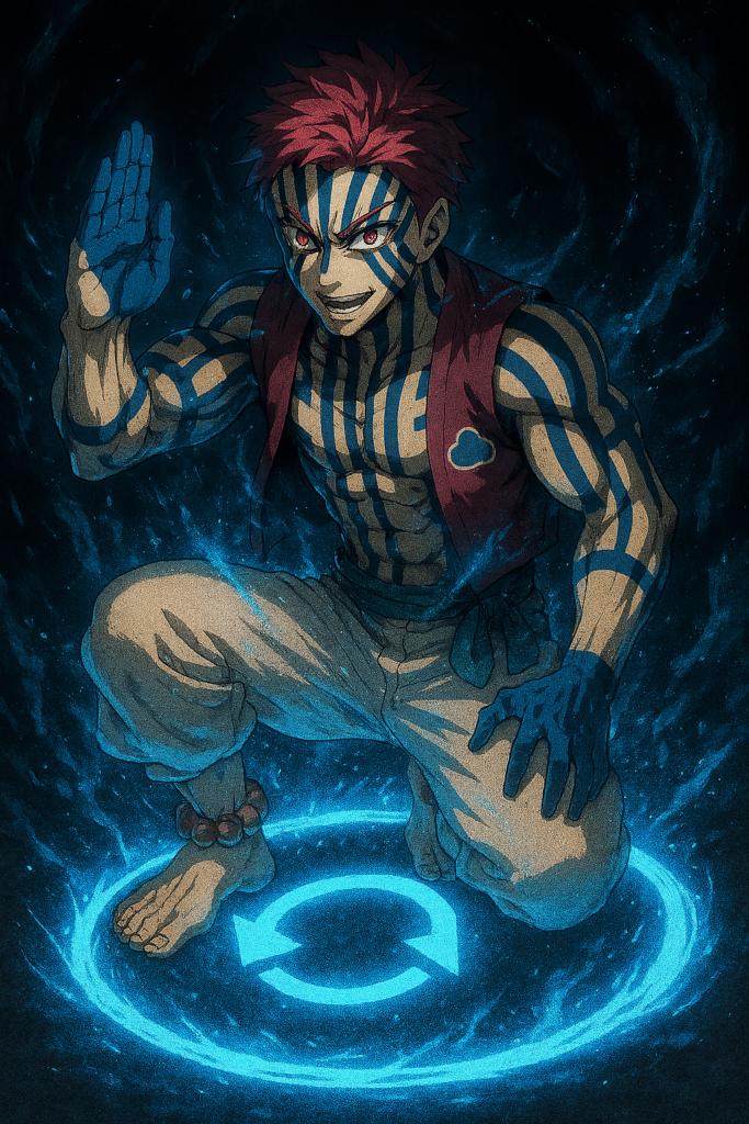 赤髪で青い縞模様の男が片膝をつき、発光する円の中で戦闘ポーズを取っている。