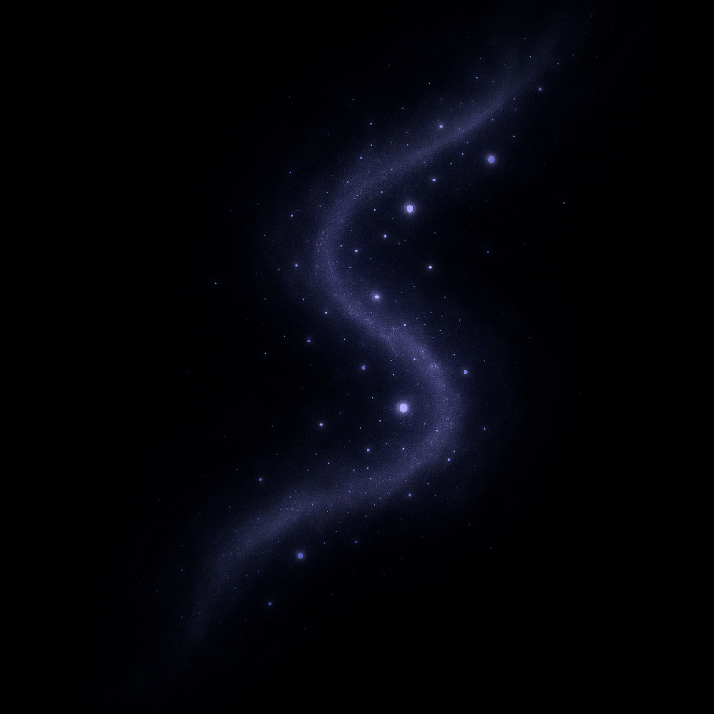 深い宇宙空間に螺旋状に流れる青紫色の星雲と星々が描かれた神秘的な画像。中央から外側に向かって渦を巻くような星雲の流れが、まるで魔法のエフェクトのような幻想的な雰囲気を醸し出している。