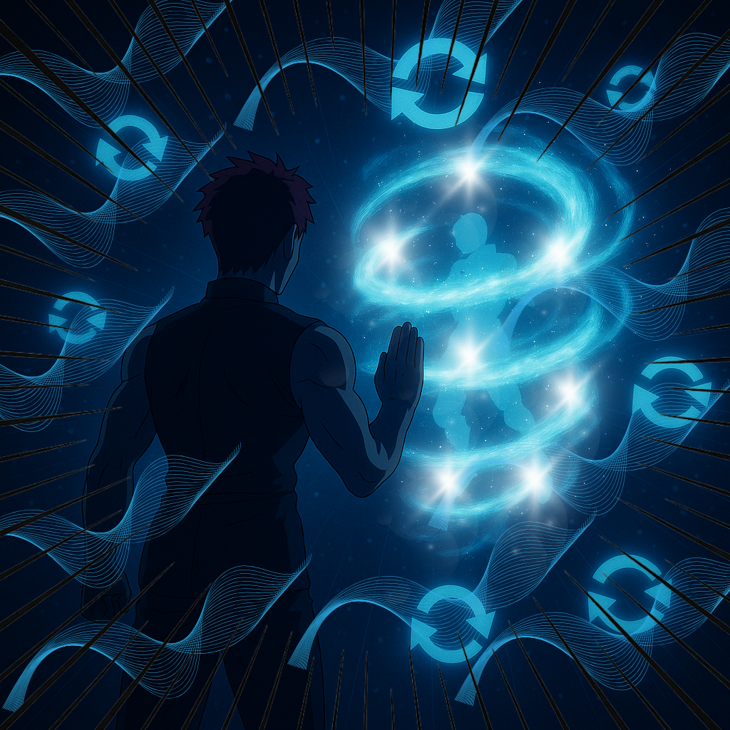 筋肉質な男が片手を掲げ、青白く発光するエネルギーの鎖が敵を取り囲み、空中で拘束している。背景には多数のリロードマークが浮かび、技の同期と捕縛が完了したことを示している。