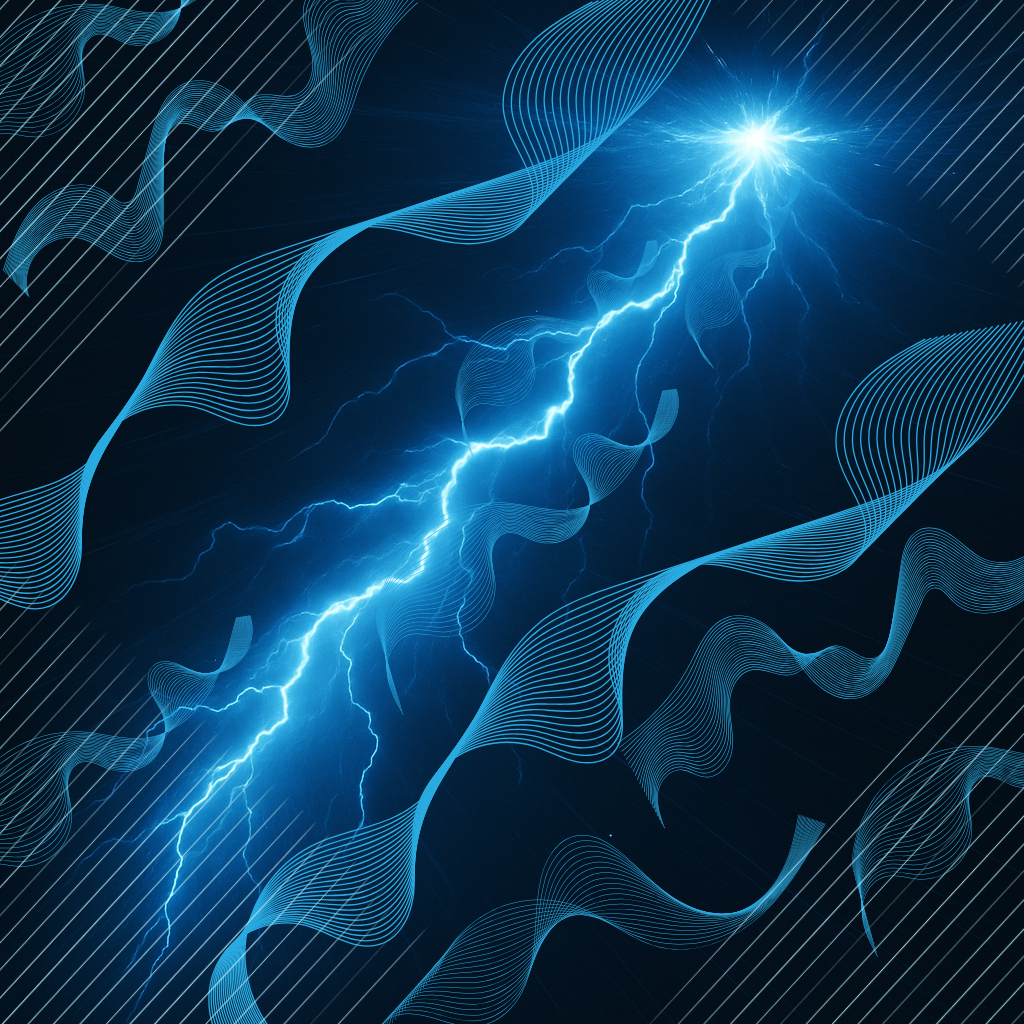 左下から右上に向かって非対称に走る青白い電撃が、暗い背景に力強く放たれている。中心には爆発点があり、電撃は枝分かれしながら斜め上へと突き抜け、周囲に光の筋が広がって躍動感を演出している。