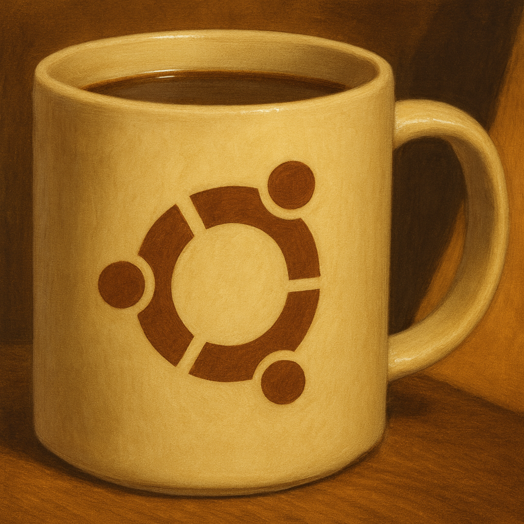 ベージュ色の陶器製マグカップにUbuntuのロゴが描かれており、中には茶色のお茶が入っている。木製のテーブルの上に置かれている。