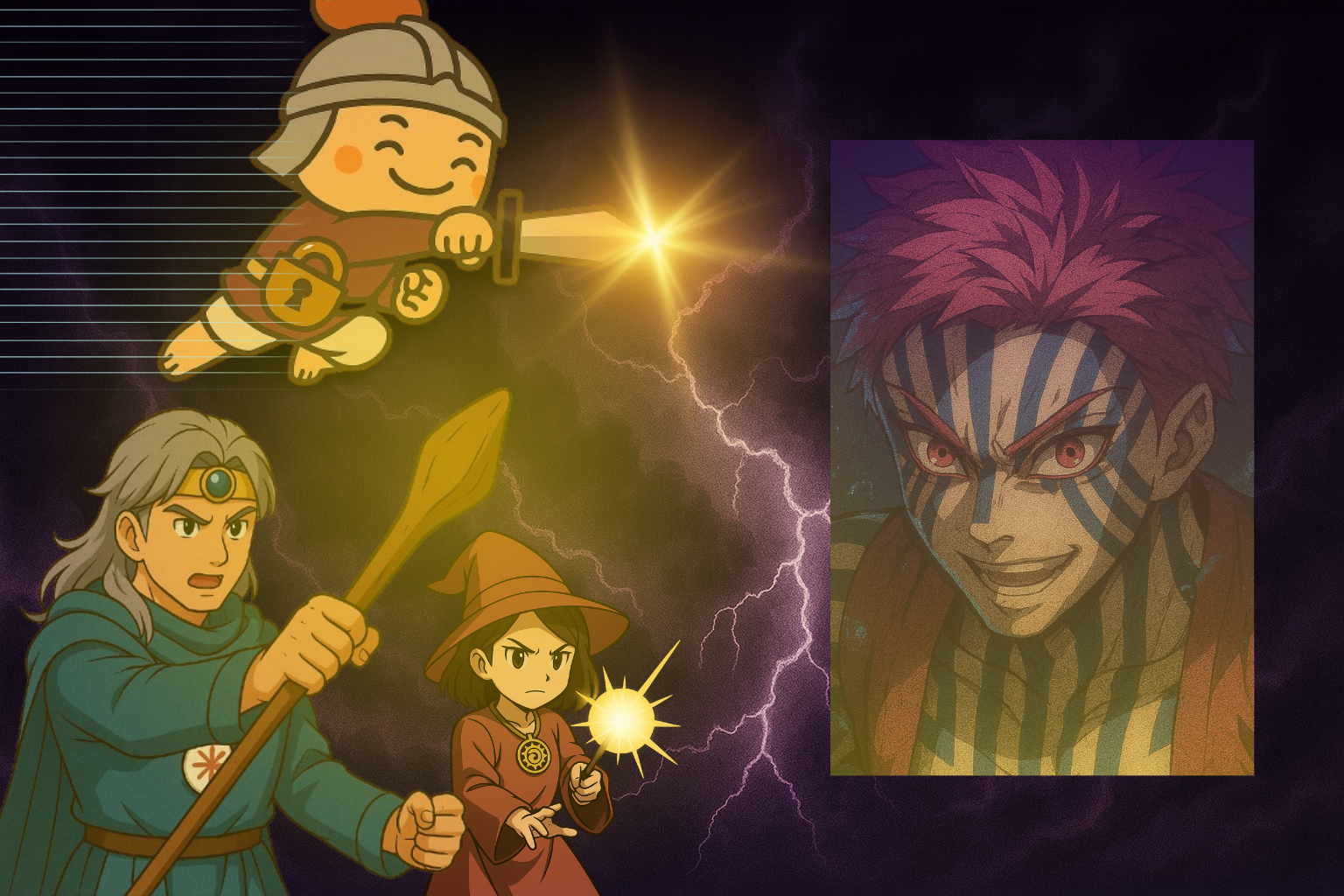 雷が轟く空の下、3人のキャラクターが右側に立つ敵キャラクターに攻撃を仕掛けているバトルシーンのイラスト