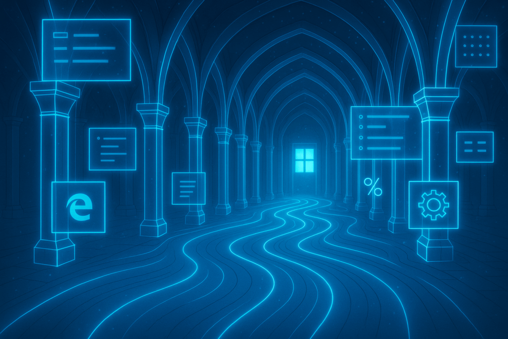 青白いネオンラインが柱や床を縁取り、浮遊するデジタルパネルと共に奥の窓へ続くゴシック調の廊下が輝く、Win11竜王城のサイバー風背景