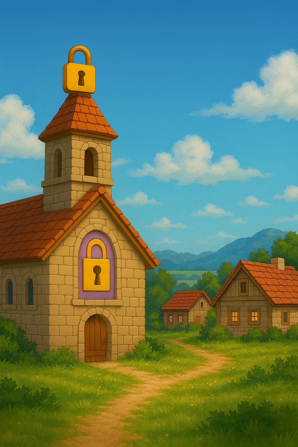 カノニカ村の石造りうばんつ教会。屋根に黄金の南京錠、正面に紫の窓枠と南京錠のシンボル。背景に山々と村の家々が見える牧歌的な風景