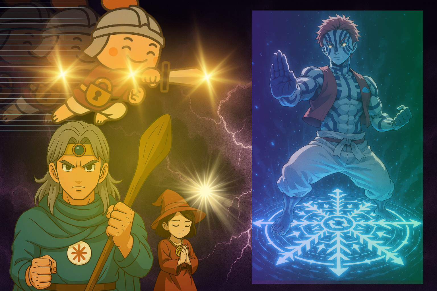 光をまとった3人のキャラクターが、敵キャラクターと向かい合うクライマックスシーンのイラスト