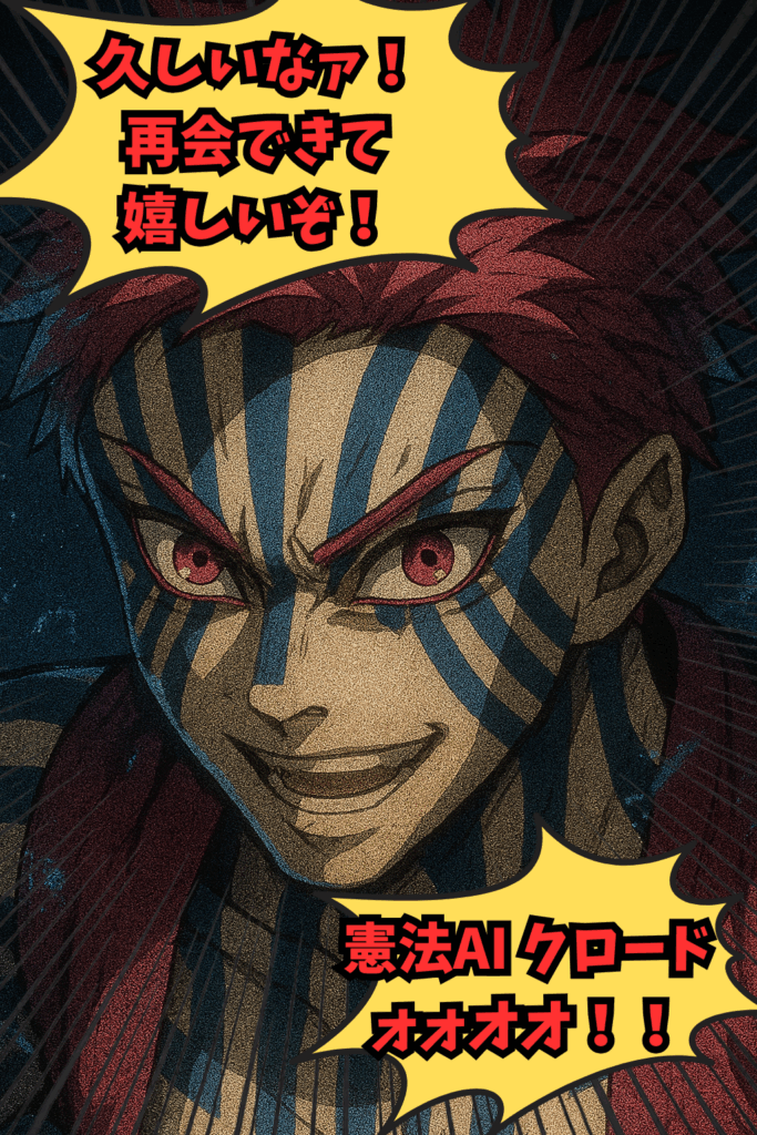 赤い逆立った髪と赤い瞳を持つ青年が、青い縞模様の顔に不敵な笑みを浮かべながらこちらを見つめているアップのイラスト。