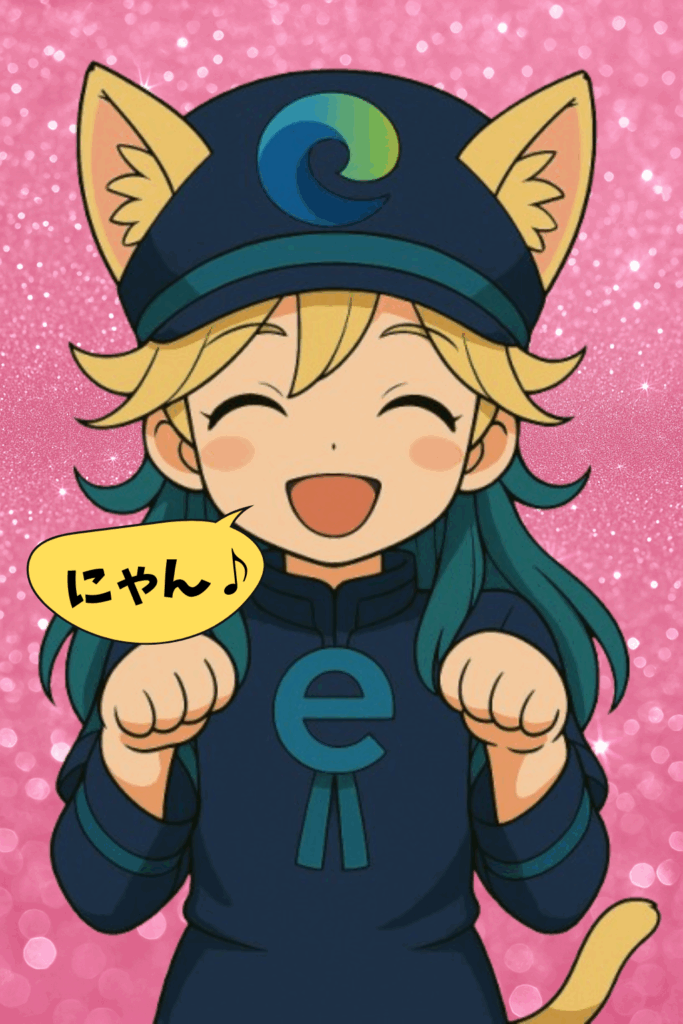 猫耳を付けた青い帽子に緑と青のEdgeのロゴが描かれた、金髪で青い瞳のアニメ風キャラクターが笑顔でこちらを見ている。