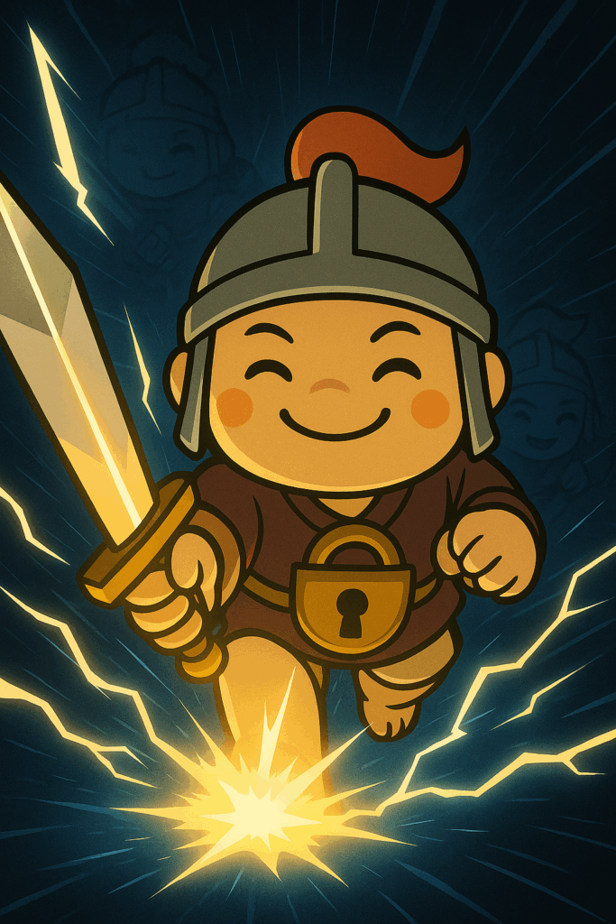 笑顔の子ども風キャラクターが剣を構えて突進する様子。兜と鍵の形の鎧を身に着け、背後に稲妻とスピード感を表す光の演出が描かれている。