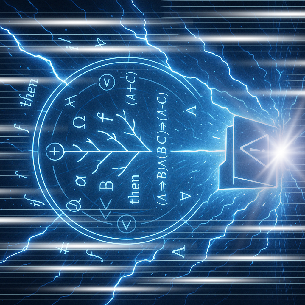 輝く論理魔法陣と構文木が中心に浮かび、電撃が四方へ放たれる中、推論式や論理記号が周囲に展開する、知性と勢いを融合させた攻撃エフェクト演出。