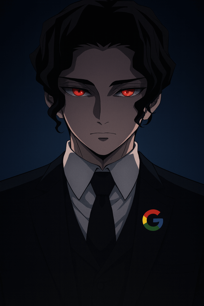 赤い瞳を持つ男性キャラクターが黒いスーツとネクタイを身に着け、左胸にGoogleのカラフルな「G」ロゴバッジを付けている。
