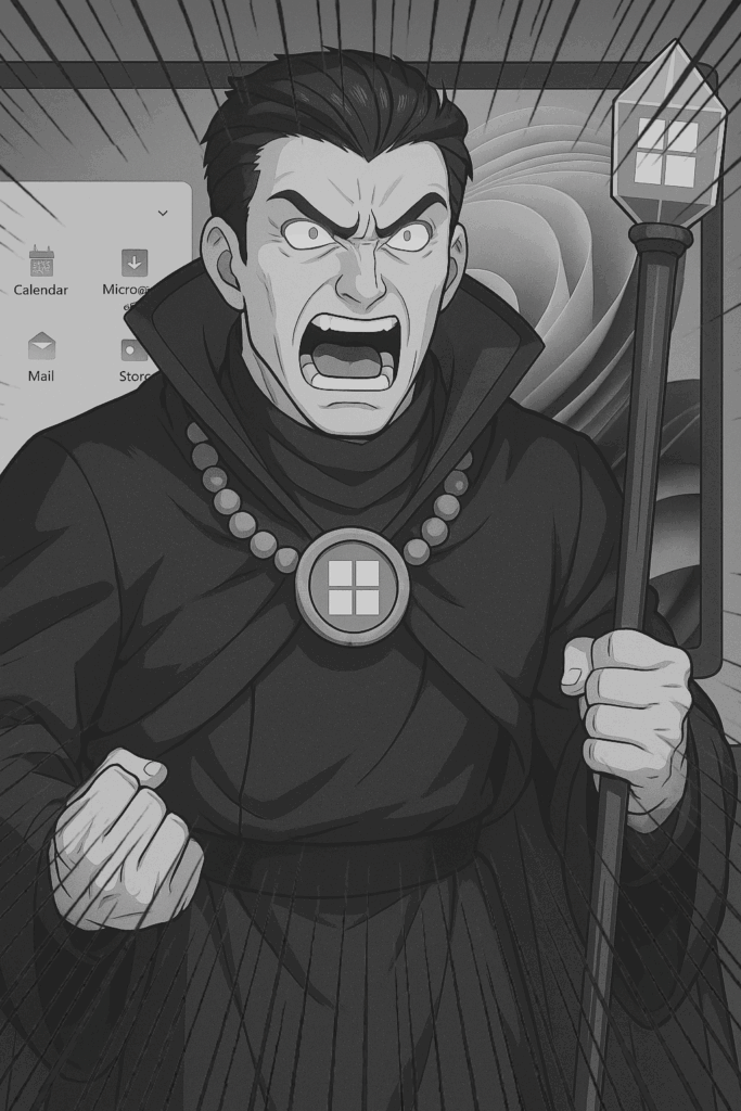 激怒した表情で叫ぶ魔導士風の男性キャラクターWindowsのロゴを胸元と杖の先に掲げ、背景にはWindows 11のデスクトップ画面が表示されている。