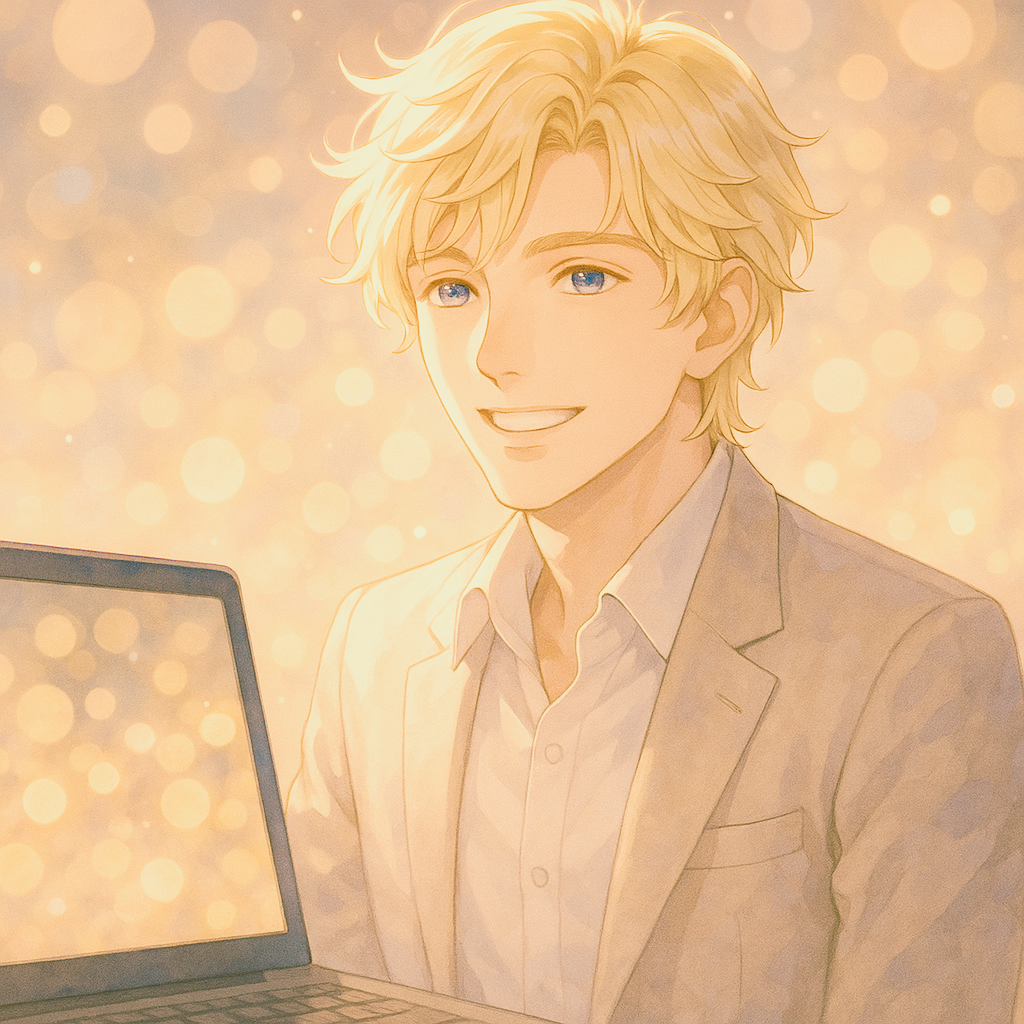金色の光に包まれた背景の中、金髪で青い瞳の男性が微笑み、ノートパソコンの画面越しにこちらを見つめている。