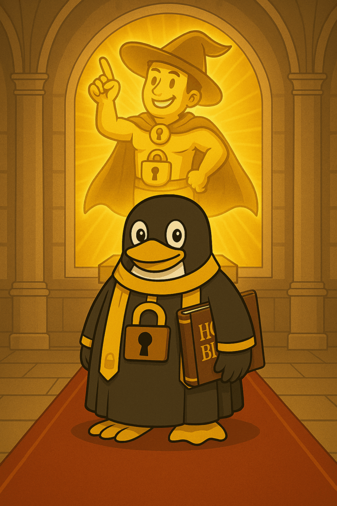 ローブと鍵の装飾を身に着けたペンギンキャラクターが聖堂に立ち、手には『HOLY BIBLE』と書かれた本を持っている。背景には、鍵のマークの付いた神の像がある。