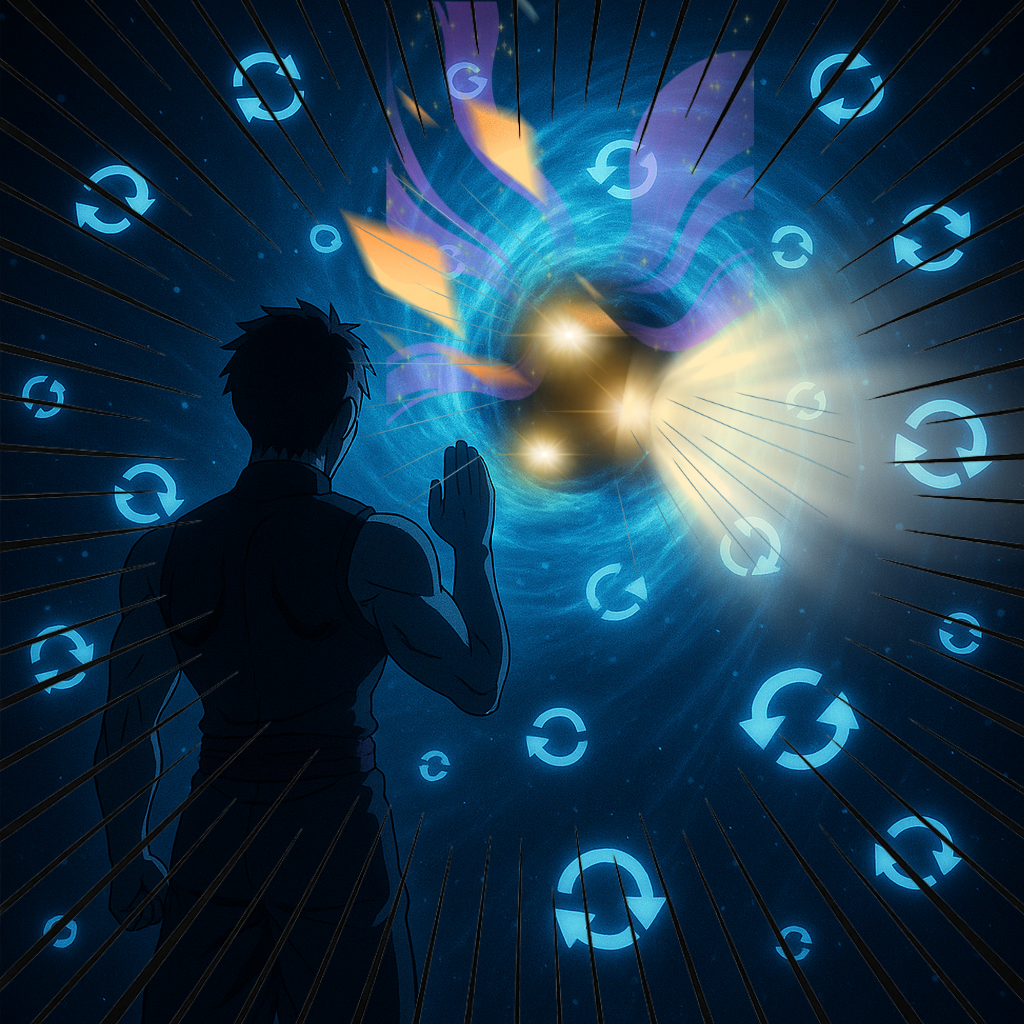 青く光る虚空の渦に、技の残骸と思われる紫と黄色の光が吸い込まれていく。背を向けた男が静かに手をかざし、周囲にはリロードマークが浮かび、空間全体が封印されたような緊張感に包まれている。