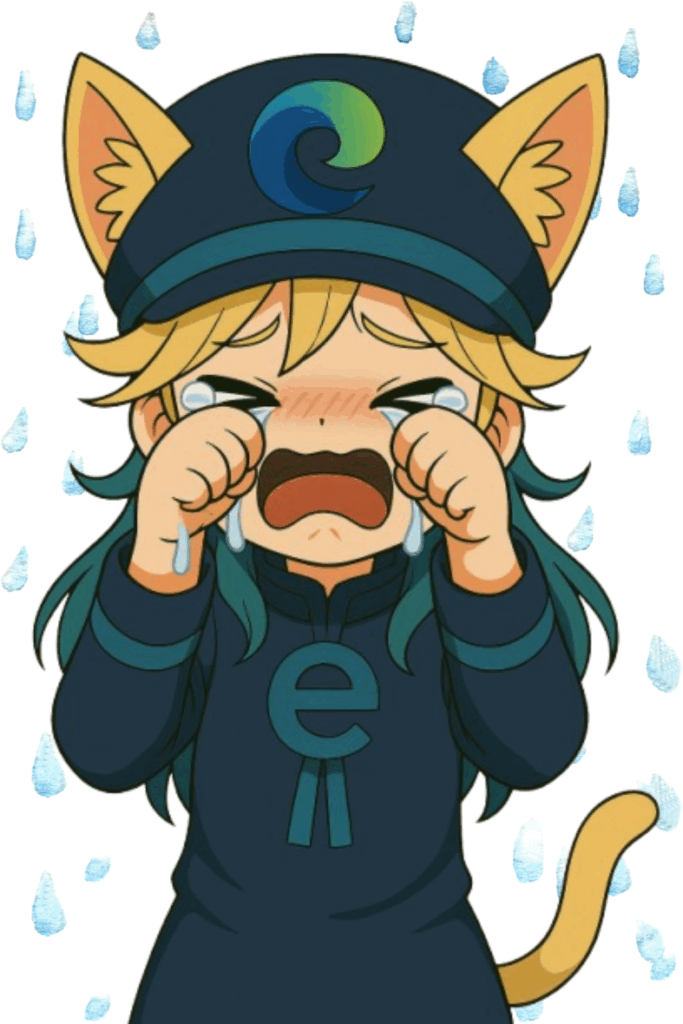 猫耳を付けた青い帽子に緑と青のEdgeのロゴが描かれた、金髪で青い瞳のアニメ風キャラクターが泣いている。
