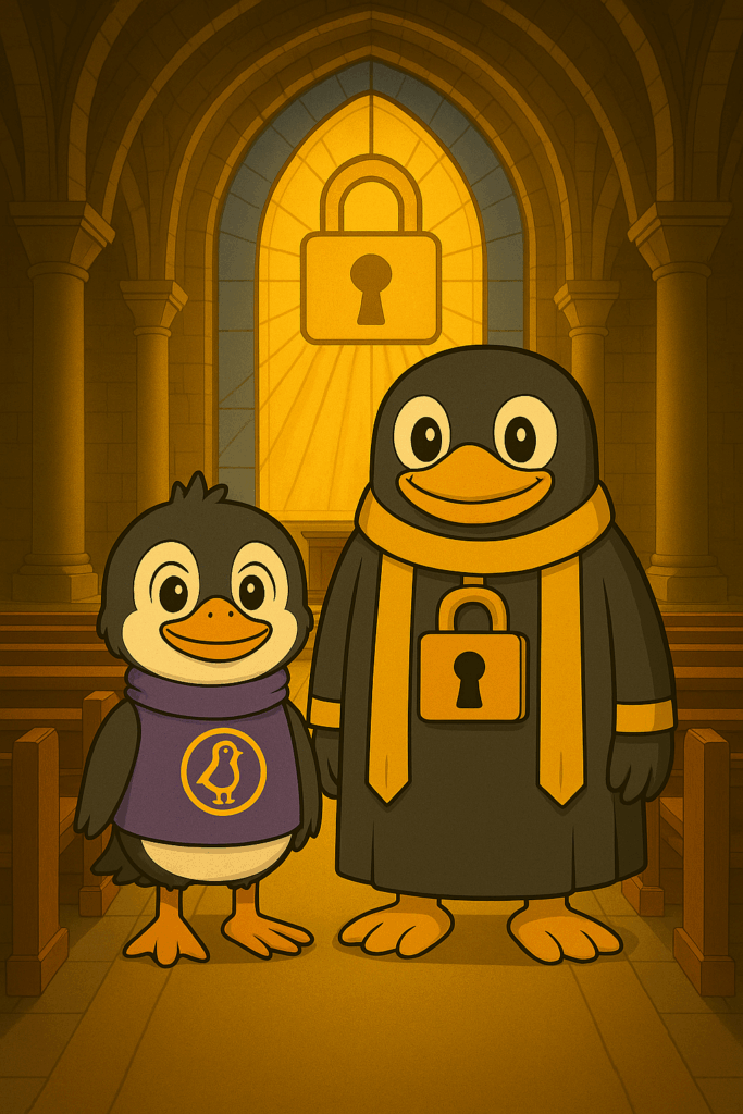 ゴシック様式の教会内で、正面を向いて並ぶ神父のペンギンと信徒の鳥のキャラクター。