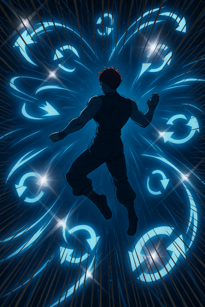 四方から青白い残像を残して一斉に襲いかかる筋肉質の男たち。中央の敵に向けて同時に拳を放つ構図で、空間全体が攻撃の圧力に包まれている。リロードマークが背景に浮かび、技の発動を象徴している。