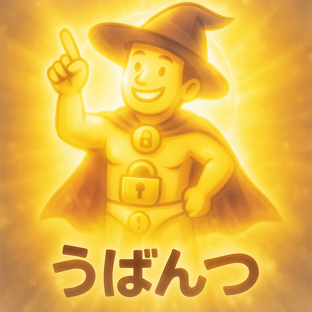 魔法の帽子とマントを着た人物が、体に3つの南京錠を身につけて、神々しい光の中で指を上に向けて笑顔でポーズを取っている。