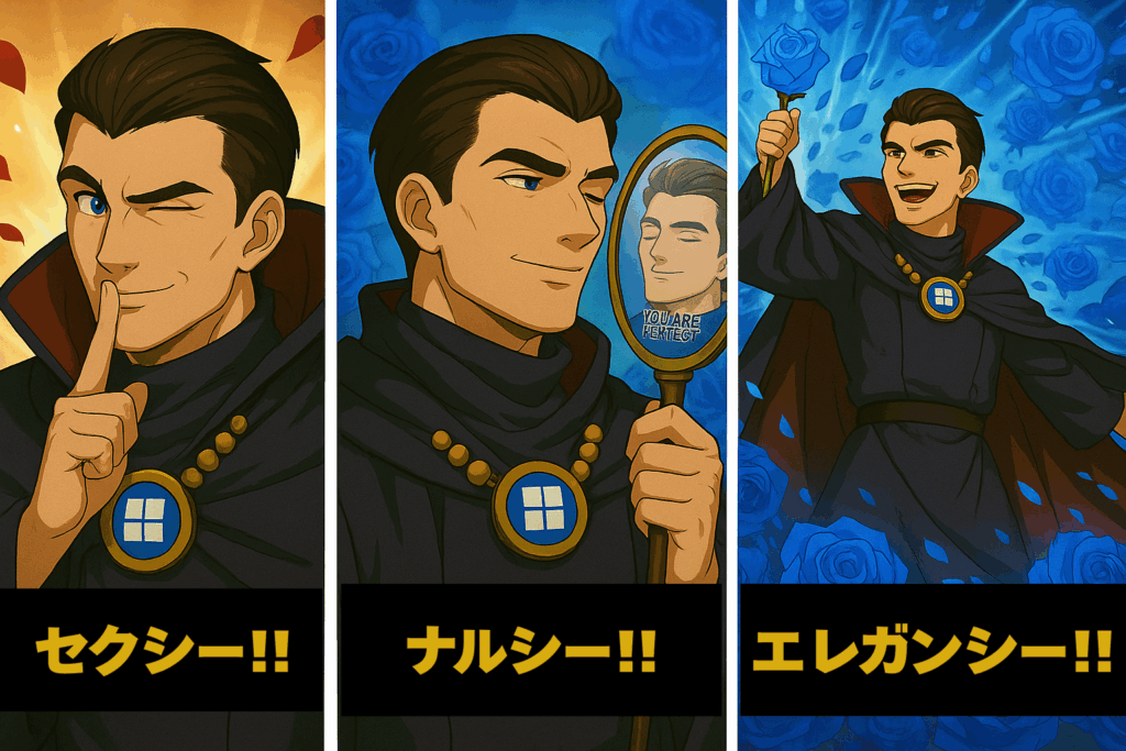 黒いローブをまとった青年キャラクターが3コマで描かれている。左はウインクして指を口に当て『セクシー!!』、中央は手鏡を見つめ『ナルシー!!』、右は青いバラを掲げ満面の笑みで『エレガンシー!!』と文字が入っている。