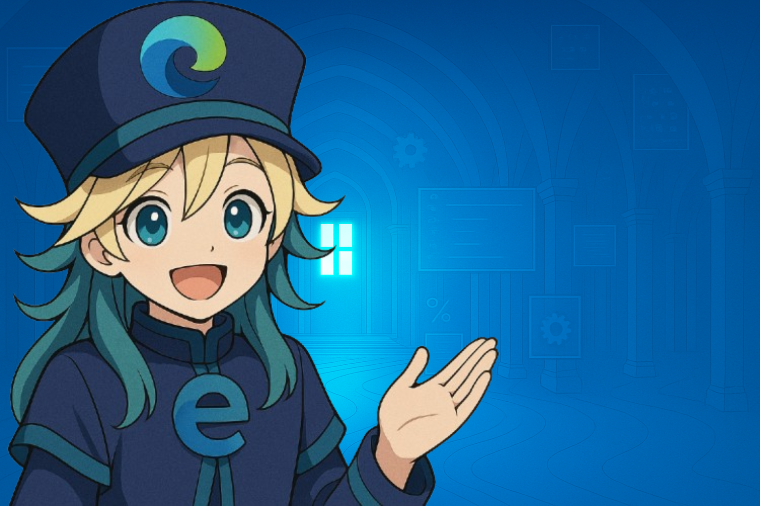 Edge童磨キャラクター - 青いグラデーション背景にMicrosoft Edgeロゴの帽子をかぶった金髪のアニメキャラクター、手を差し出すポーズ