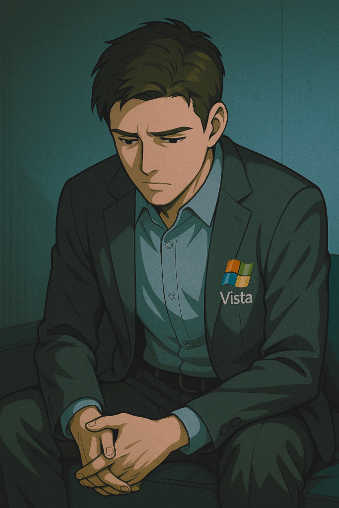 暗い室内でスーツ姿の男性が両手を組み、うつむいた表情で深く考え込んでいる。胸元にはWindows Vistaのロゴが入っている。