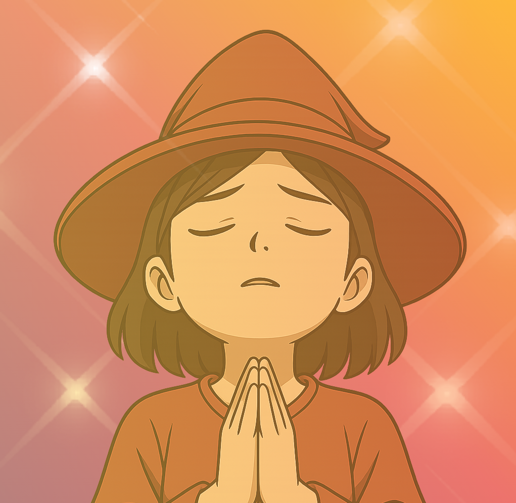 魔女帽をかぶった若い女性が目を閉じ、胸の前で手を合わせて祈っている。背景は橙から桃色への穏やかなグラデーションで、静けさと神聖な雰囲気を漂わせている。