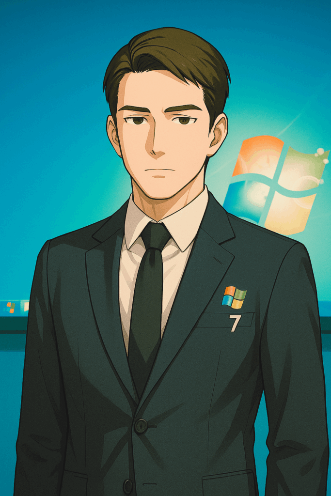 青い背景にWindowsのロゴが映る前で、胸元にWindows 7のロゴが入ったスーツを着た男性が、真剣な表情で前を見つめて立っている。