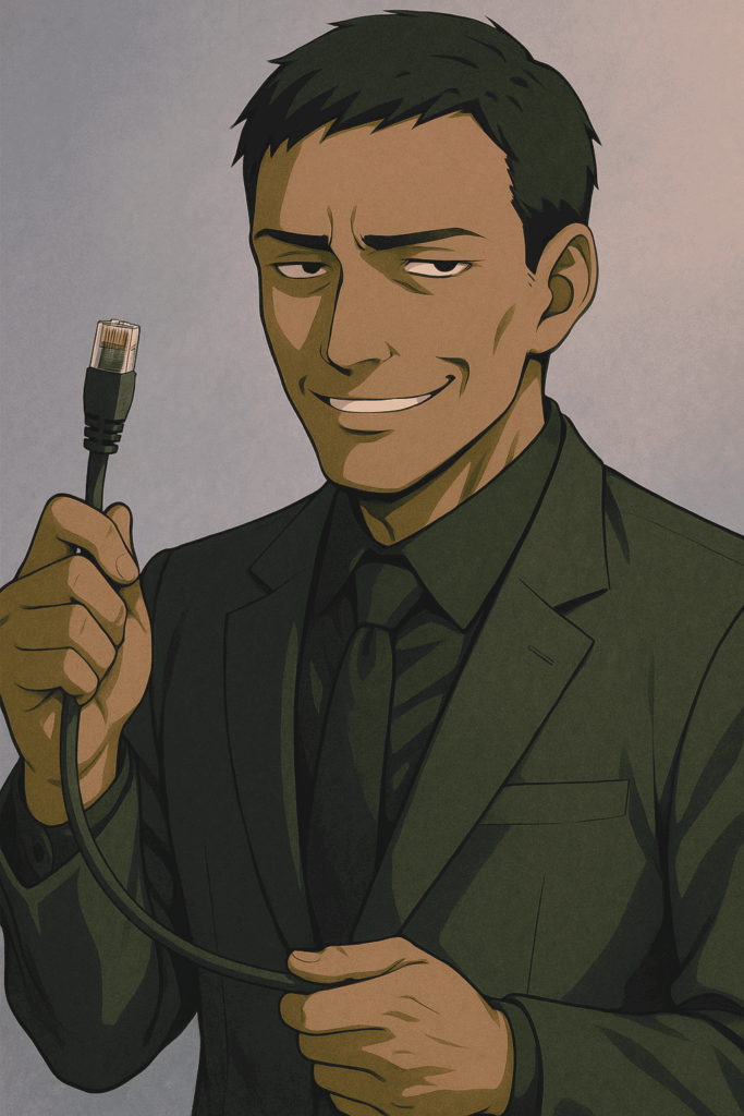 黒いスーツを着た男性が、不敵な笑みを浮かべながら片手にLANケーブルの端子を持ち、こちらに見せている。