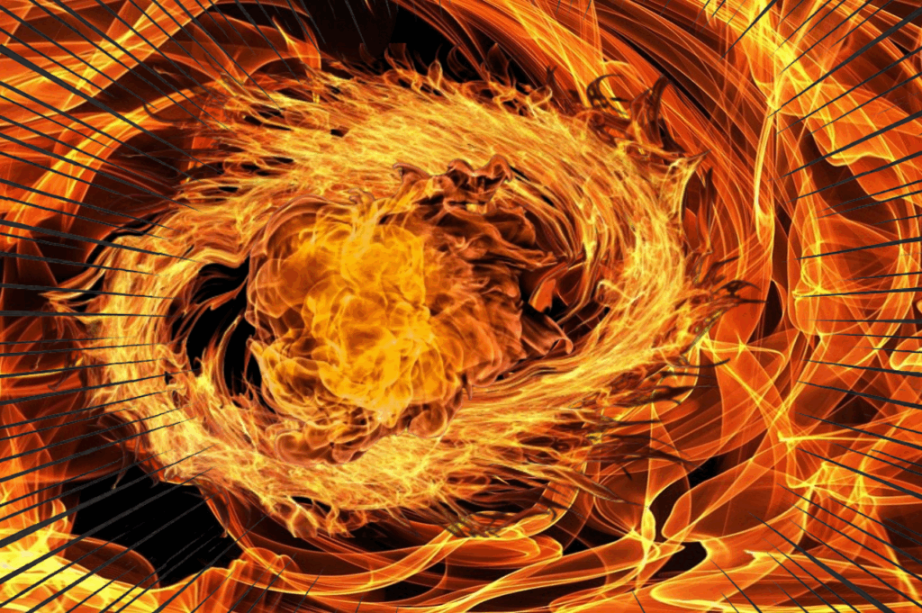 燃え上がる炎が画面中央に広がり、周囲には放射状に伸びる鋭利な黒い線が囲むように配置され、激しさと緊迫感を演出している。