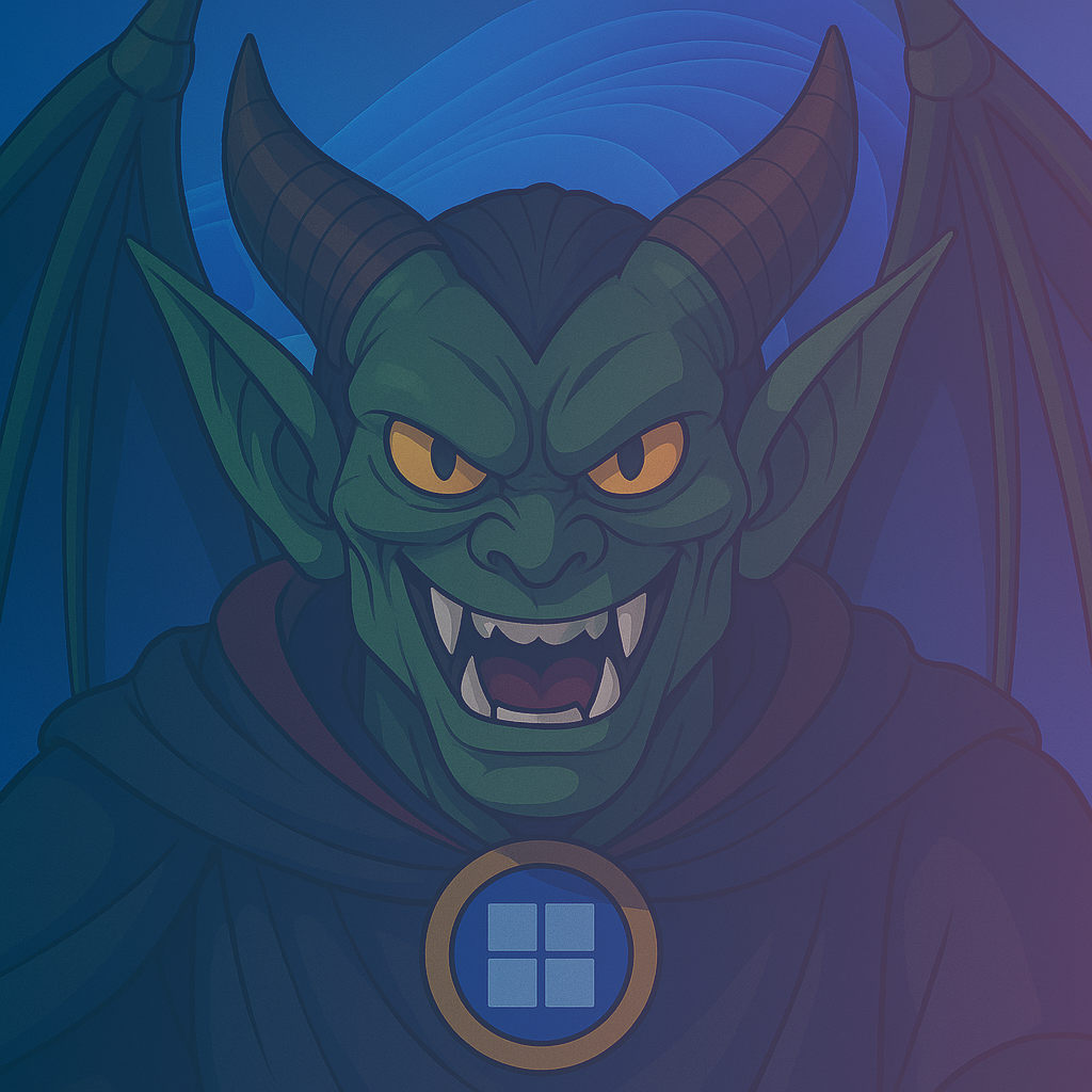 大きな角と尖った耳を持ち、黄色い目で不敵に笑い牙を見せている。黒いマントに青と金のWindowsロゴの装飾を付け、背景は青い曲線模様。