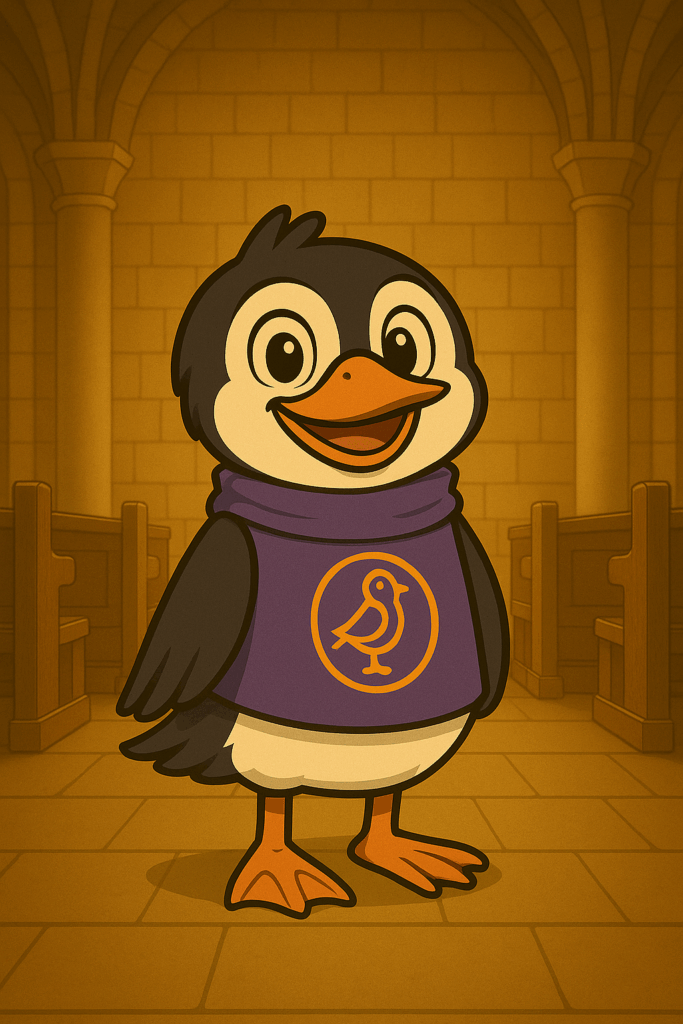 ゴシック様式の教会内に立つ、紫のマントを着た笑顔の鳥の少年キャラクター。マントには鳥の紋章が描かれ、背景には石造りの柱と木製のベンチが並び、温かい黄金の光が空間を包んでいる。