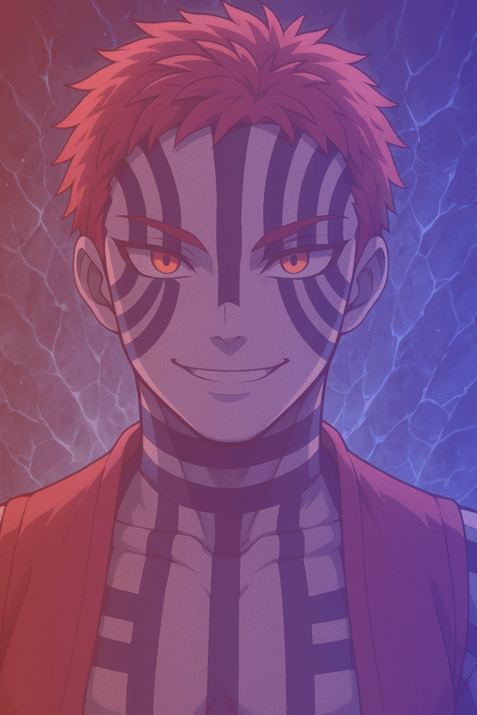 赤い髪と青い縞模様を持つ猗窩座が、最終奥義を放つ前のように静かに微笑む姿。眉は穏やかで、口元は冷たい余裕を漂わせ、背後には氷の亀裂が広がっている。