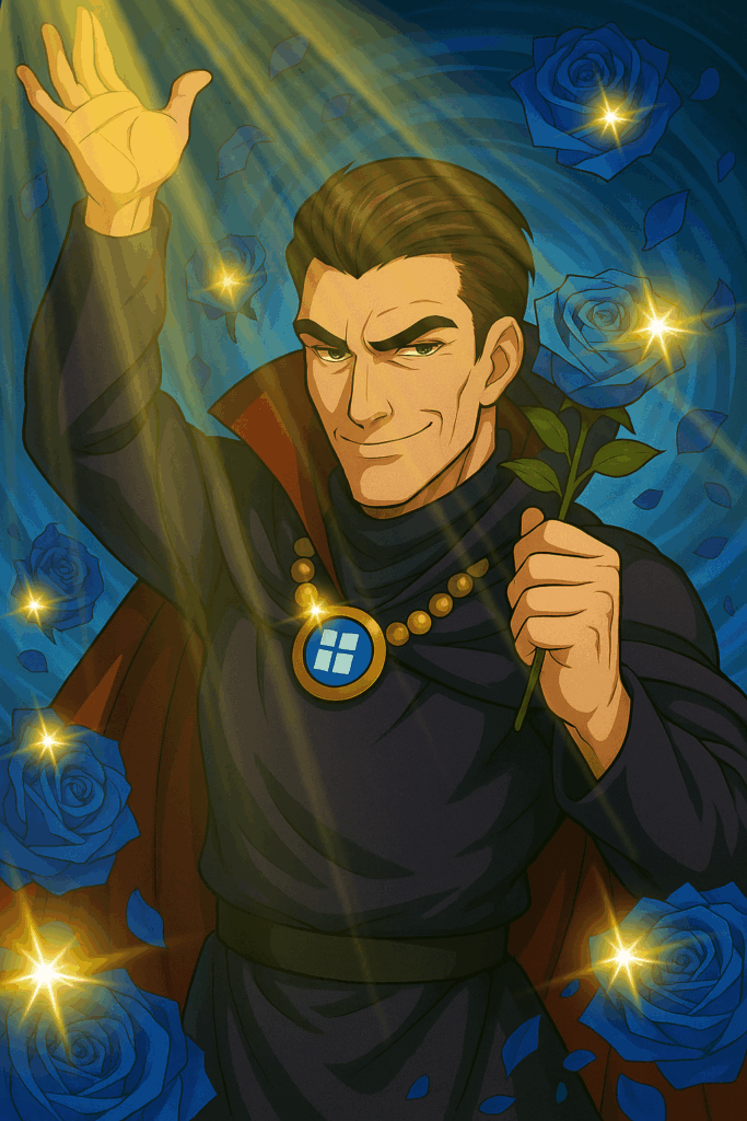 黒いローブと赤いマントを纏った青年が、片手で青いバラを掲げもう一方の手を上げて微笑んでいる。背景には青いバラと花びらが舞い、華やかな雰囲気が漂っている。