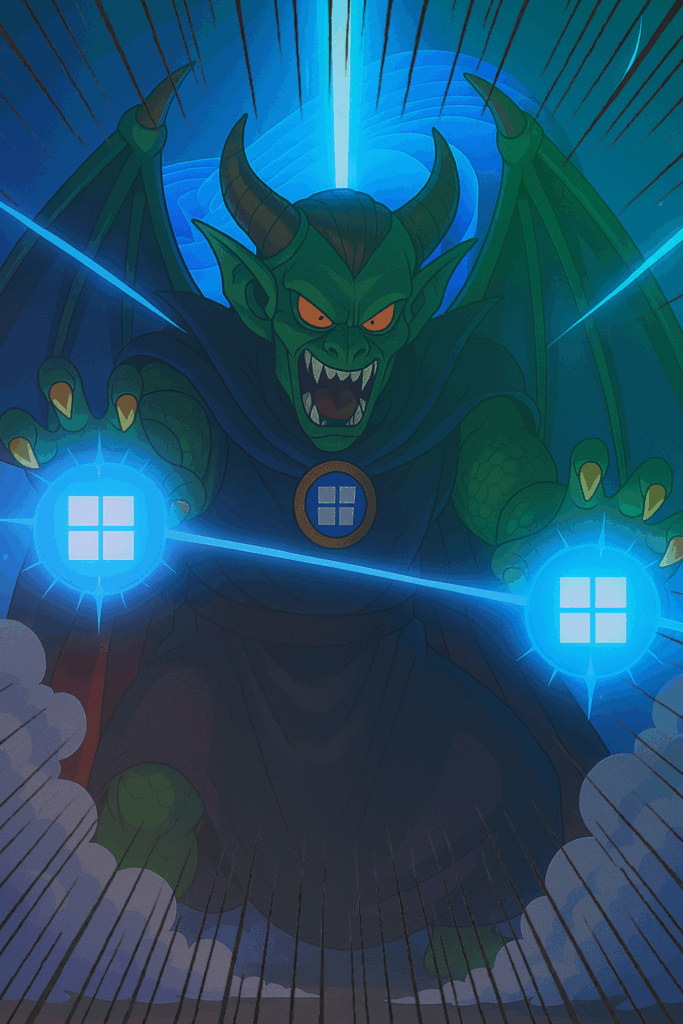 魔力を増大させたドラゴン姿のWin11竜王が、両手のWindowsロゴから強烈な光線を放ち、頭上には巨大なビームが発射されている。怒りに満ちた表情とともに、空間全体が青白く輝いている。
