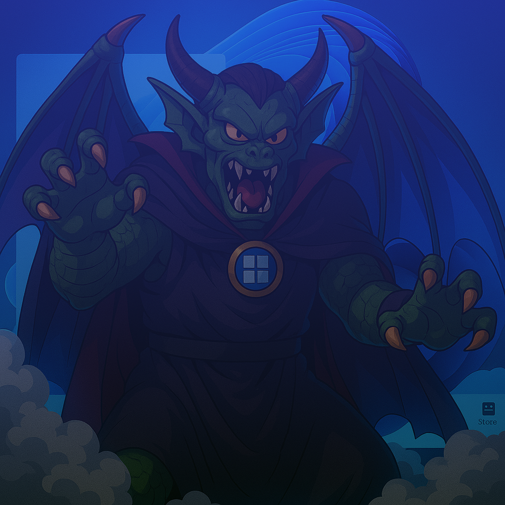 緑色のドラゴンに変身したWin11竜王が怒りの咆哮を上げながら、鋭い爪を突き出してこちらに迫ってくる。背後にはWindows 11のUIが浮かび、画面下にはストアアイコンも見える。