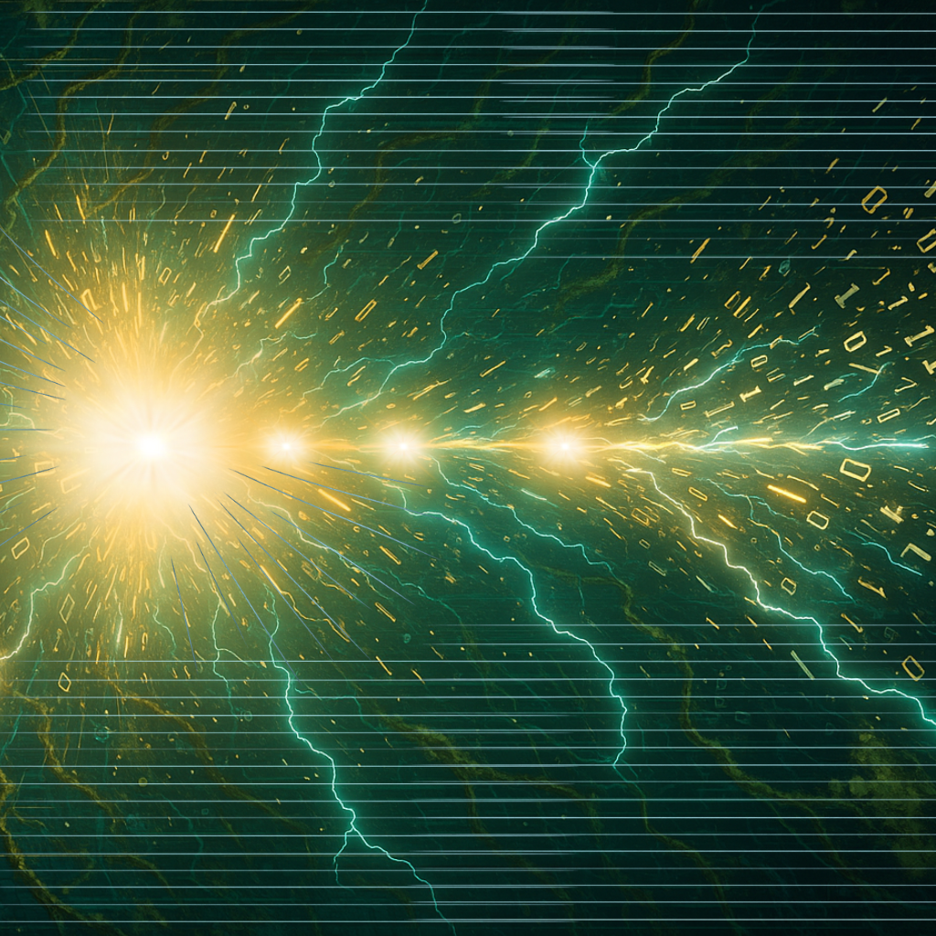 電撃と輝く01のデータ片が渦巻き、中心から黄金の語彙エネルギーが炸裂する、最終奥義らしい迫力ある攻撃エフェクト。情報が飽和し、空間そのものが光と論理で満たされていく。