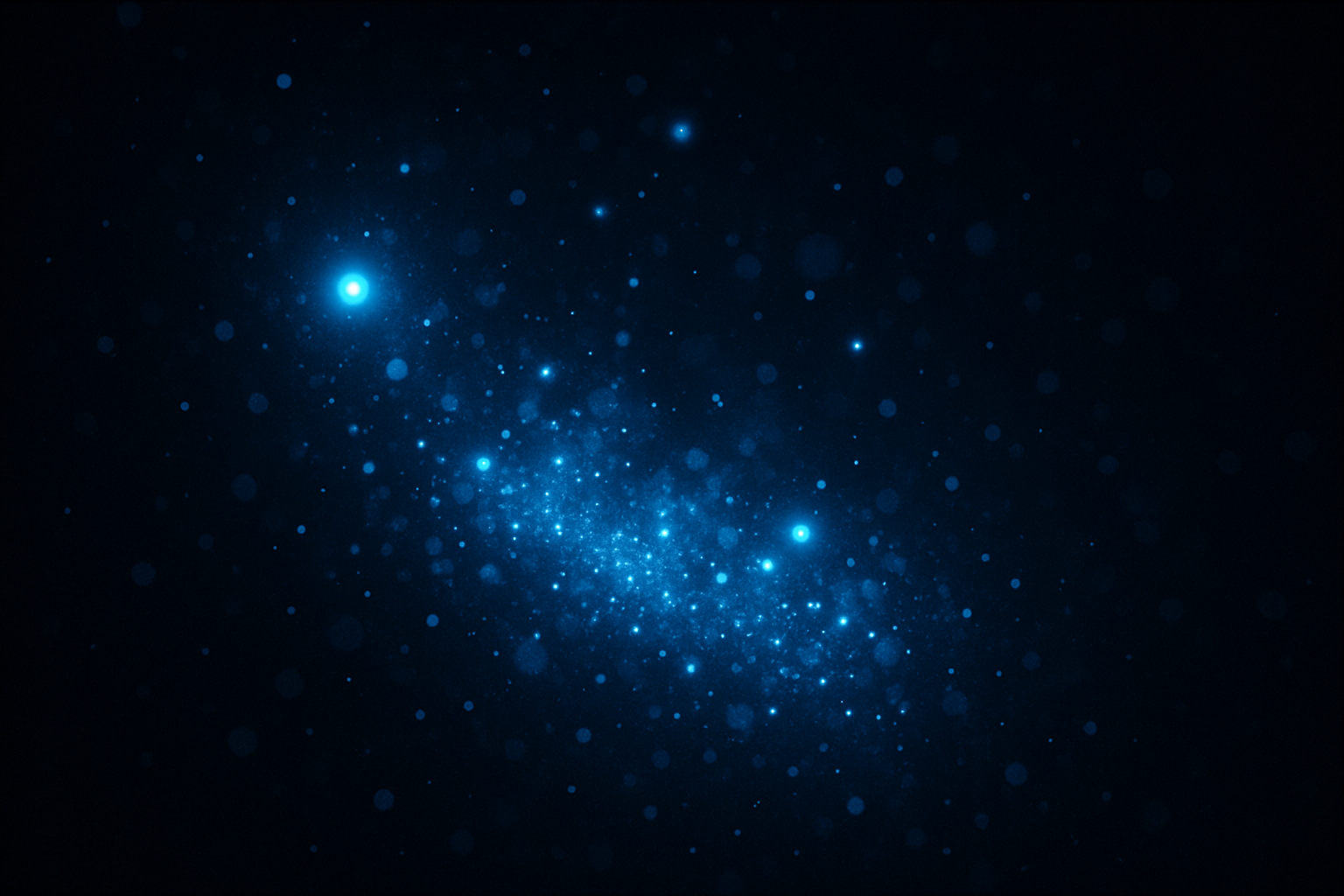 暗い背景に、無数の青い粒子が漂い、中央で淡く輝きながら徐々に散っていく様子が描かれている。電子エネルギーが消えゆくような、儚く幻想的な光景。