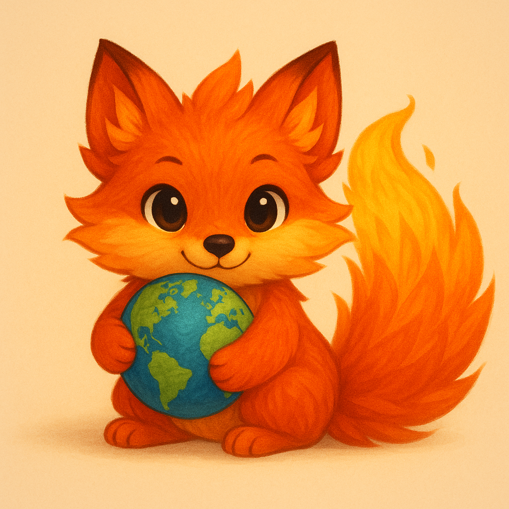 地球を抱えるかわいいFirefoxキツネのイラスト