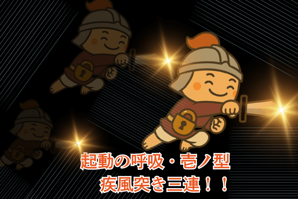 剣を構えたキャラクターが三連続で疾走しながら突進する演出。「起動の呼吸・壱ノ型 疾風突き三連！！」の文字入り。