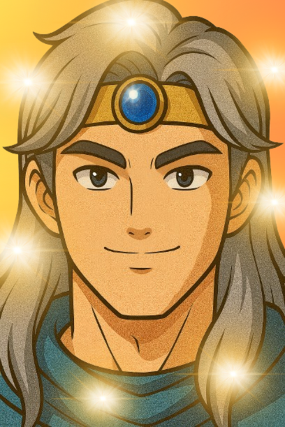 長い銀髪と青い宝石のついた金のカチューシャを身につけた男性キャラクターが、穏やかに微笑んでいるアニメ風イラスト。