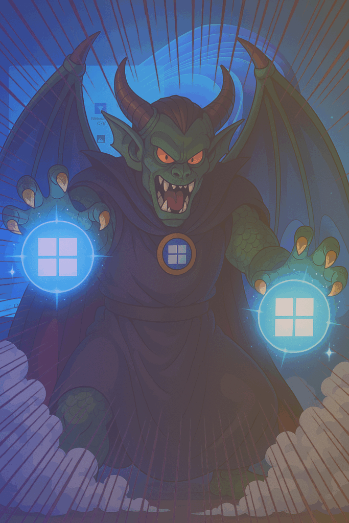 怒りに満ちた緑色のドラゴン姿のWin11竜王が、両手にWindowsのロゴが輝く魔法球を構え、咆哮を上げながら画面中央に立ちはだかっている。背後にはWindows 11のUIとフォルダが浮かぶ。