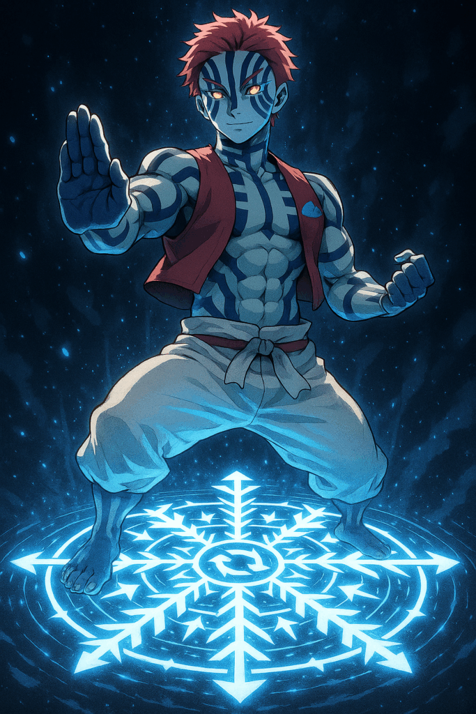 筋肉質な男性キャラクターが戦闘態勢をとっており、体には青い紋様が浮かんでいる。足元には発光する雪の結晶のような魔法陣が広がり、背景には青白い光の粒子が舞っている。