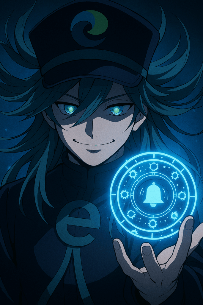青い髪の男性キャラクターが、手のひらに青白く光るベルマークの図形を浮かべているイラスト
