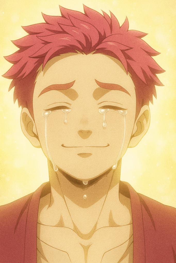 光に包まれた青年が正面を向き、邪気のない安らかな表情で大粒の涙を流しているアニメ調のアップイラスト。